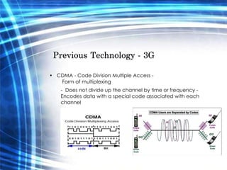 Previous Technology - 3G  •  CDMA - Code Division Multiple Access -  Form of multiplexing  -  Does not divide up the channel by time or frequency -  Encodes data with a special code associated with each channel  