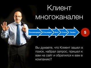 Клиент
      многоканален
Рекомендации   Соц.медиа   Блог   Статьи
                                      Yandex
                                           Yandex   $



      Вы думаете, что Клиент зашел в
      поиск, набрал запрос, пришел к
      вам на сайт и обратился к вам в
      компанию?
 