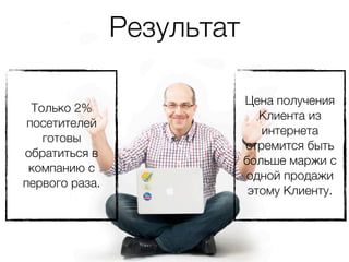 Результат

                            Цена получения
  Только 2%
                               Клиента из
 посетителей
                               интернета
    готовы
                            стремится быть
обратиться в
                            больше маржи с
 компанию с
                            одной продажи
первого раза.
                             этому Клиенту.
 
