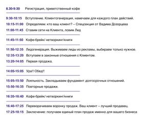 8.30-9:30    Регистрация, приветственный кофе


9:30-10:15   Вступление. Клиентогенерация, намечаем для каждого план действий.
10:15-11:00 Определяем: кто ваш клиент?
11:00-11:45 Ставим сети на Клиента, ловим Лид


11:45-11:50 Кофе-брейк/ нетворкинг/книги


11:50-12:35 Лидогенерация. Выжимаем лиды из рекламы, выбираем только нужное.
12:35-13:20 Вступаем в законные отношения с Клиентом.
13:20-14:05 Первая продажа.


14:05-15:05 Ура!! Обед!!


15:05-15:50 Лояльность. Закладываем фундамент долгосрочных отношений.
15:50-16:35 Повторные продажи.


16:35-16:40 Кофе-брейк/ нетворкинг/книги


16:40-17:25 Переворачиваем воронку продаж. Ваш клиент – лучший продавец.
17:25-18:15 Заключение: получаем единый план продаж именно для вашего бизнеса
 