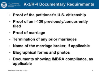 K-3/K-4 Documentary Requirements
• Proof of the petitioner’s U.S. citizenship
• Proof of an I-130 previously/concurrently
filed
• Proof of marriage
• Termination of any prior marriages
• Name of the marriage broker, if applicable
• Biographical forms and photos
• Documents showing IMBRA compliance, as
applicable
14Texas Service Center May 11, 2015
 