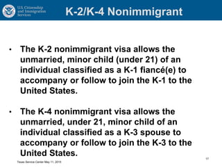 K-2/K-4 Nonimmigrant
• The K-2 nonimmigrant visa allows the
unmarried, minor child (under 21) of an
individual classified as a K-1 fiancé(e) to
accompany or follow to join the K-1 to the
United States.
• The K-4 nonimmigrant visa allows the
unmarried, under 21, minor child of an
individual classified as a K-3 spouse to
accompany or follow to join the K-3 to the
United States. 17
Texas Service Center May 11, 2015
 