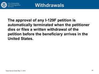 Withdrawals
The approval of any I-129F petition is
automatically terminated when the petitioner
dies or files a written withdrawal of the
petition before the beneficiary arrives in the
United States.
24Texas Service Center May 11, 2015
 