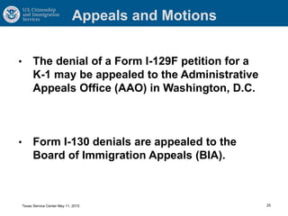 Appeals and Motions
• The denial of a Form I-129F petition for a
K-1 may be appealed to the Administrative
Appeals Office (AAO) in Washington, D.C.
• Form I-130 denials are appealed to the
Board of Immigration Appeals (BIA).
25Texas Service Center May 11, 2015
 