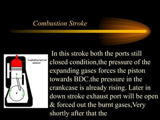 Combustion Stroke

In this stroke both the ports still
closed condition,the pressure of the
expanding gases forces the piston
towards BDC.the pressure in the
crankcase is already rising. Later in
down stroke exhaust port will be open
& forced out the burnt gases,Very
shortly after that the

 