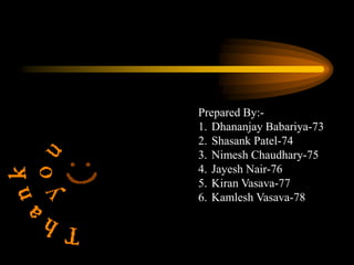 Prepared By:1. Dhananjay Babariya-73
2. Shasank Patel-74
3. Nimesh Chaudhary-75
4. Jayesh Nair-76
5. Kiran Vasava-77
6. Kamlesh Vasava-78

 