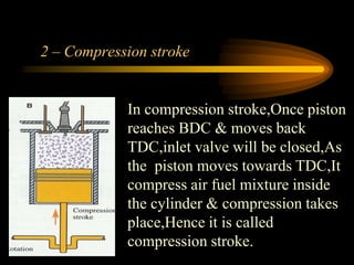 2 – Compression stroke

In compression stroke,Once piston
reaches BDC & moves back
TDC,inlet valve will be closed,As
the piston moves towards TDC,It
compress air fuel mixture inside
the cylinder & compression takes
place,Hence it is called
compression stroke.

 
