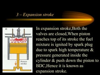 3 – Expansion stroke
In expansion stroke,Both the
valves are closed,When piston
reaches top of its stroke the fuel
mixture is ignited by spark plug
due to spark high temperature &
pressure generated inside the
cylinder & push down the piston to
BDC,Hence it is known as
expansion stroke.

 