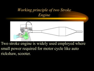 Working principle of two Stroke
Engine

Two stroke engine is widely used employed where
small power required for motor cycle like auto
rickshaw, scooter.

 