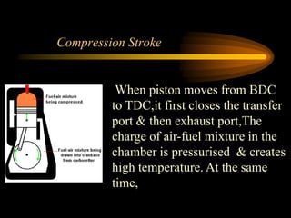 Compression Stroke

When piston moves from BDC
to TDC,it first closes the transfer
port & then exhaust port,The
charge of air-fuel mixture in the
chamber is pressurised & creates
high temperature. At the same
time,

 