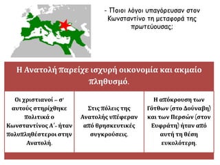 - Ποιοι λόγοι υπαγόρευσαν στον 
Κωνσταντίνο τη μεταφορά της 
πρωτεύουσας; 
Η Ανατολή παρείχε ισχυρή οικονομία και ακμαίο 
πληθυσμό. 
Οι χριστιανοί – σ’ 
αυτούς στηρίχθηκε 
πολιτικά ο 
Κωνσταντίνος Α΄- ήταν 
πολυπληθέστεροι στην 
Ανατολή. 
Στις πόλεις της 
Ανατολής υπέφεραν 
από θρησκευτικές 
συγκρούσεις. 
Η απόκρουση των 
Γότθων (στο Δούναβη) 
και των Περσών (στον 
Ευφράτη) ήταν από 
αυτή τη θέση 
ευκολότερη. 
 