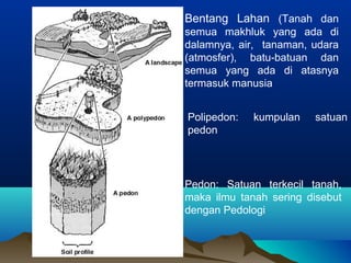 Bentang Lahan (Tanah dan 
semua makhluk yang ada di 
dalamnya, air, tanaman, udara 
(atmosfer), batu-batuan dan 
semua yang ada di atasnya 
termasuk manusia 
Polipedon: kumpulan satuan 
pedon 
Pedon: Satuan terkecil tanah, 
maka ilmu tanah sering disebut 
dengan Pedologi 
 