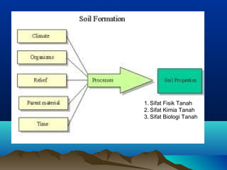 1. Sifat Fisik Tanah 
2. Sifat Kimia Tanah 
3. Sifat Biologi Tanah 
 