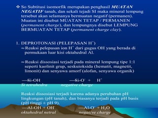  So Subtitusi isomorfik merupakan penghasil MUATAN 
NEGATIF tanah, dan sekali tejadi SI maka mineral lempung 
tersebut akan selamanya bermuatan negatif (permanen). 
Muatan ini disebut MUATAN TETAP / PERMANEN 
(permanent charge), dan lempungnya disebut LEMPUNG 
BERMUATAN TETAP (permanent charge clay). 
1. DEPROTONASI (PELEPASAN H+) 
» Reaksi pelepasan ion H+ dari gugus OH yang berada di 
permukaan luar kisi oktahedral Al. 
» Reaksi dissosiasi terjadi pada mineral lempung tipe 1:1 
seperti kaolinit grup, seskuioksida (hematit, magnetit, 
limonit) dan senyawa amorf (alofan, senyawa organik) 
¾Si-OH ¾Si-O- + H+ 
Si tetrahedra negative charge 
Reaksi dissosiasi terjadi karena adanya perubahan pH 
lingkungan (pH tanah), dan biasanya terjadi pada pH basis 
(pH tinggi ± pH 9). 
¾Al-OH + OH- ¾Al-O- + H2O 
oktahedral netral negative charge 
 