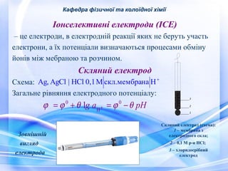 Кафедра фізичної та колоїдної хімії 
Іонселективні електроди (ІСЕ) 
– це електроди, в електродній реакції яких не беруть участь 
електрони, а їх потенціали визначаються процесами обміну 
йонів між мебраною та розчином. 
Скляний електрод 
Ag,AgCl | HCl 0,1 Мскл.мембрана H+ 
Схема: 
Загальне рівняння електродного потенціалу: 
0 
j =j +q g a + =j -q рН 
H 
0 l 
3 
2 
1 
Скляний електрод (схема): 
1 – мембрана з 
електродного скла; 
2 – 0,1 М р-н НСl; 
3 – хлоридосрібний 
електрод 
Зовнішній 
вигляд 
електрода 
 
