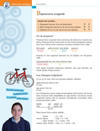 Hizkuntza aztergai 
14 
Gramatika 
erpausaren osagaiak P 
Ezertan hasi aurretik... 
1. Perpausaren barruan AS ez da beharrezkoa. 
2. Aditz Sintagmaren barruan ez da IS NOR inoiz azalduko. 
3. Subjektua IS NOR, IS NORK edo IS NORI izan daitezke. 
Zer da perpausa? 
Perpausa hitzez osatutako katea mintzatua edo idatzia da, esanahi osoa 
duena. Perpausa hitzek osatzen dute eta hitz horiek sintagmatan biltzen 
dira; beraz, hitzak modu antolatuan kateatuta erabiltzen dira. Adib.: 
Nire amak galtza berriak erosi dizkio amonari. 
IS NORK IS NOR aditza IS NORI 
Perpausa bi atal nagusitan banatzen da: IS (subjek.) eta AS (pred.). 
Adib.: 
Entrenatzaileak lan saio arina eginarazi digu. 
IS NORK (subj.) AS 
Atal nagusi horietako bakoitzean elementu asko ager daitezke, eta 
horiek ikusiko ditugu jarraian. 
Izen Sintagma (subjektua) 
IS NOR eta IS NORK, biak izan daitezke subjektu. Adibidez: 
Jonek liburuak irakurri ditu. 
Jon garaiz iritsi da. 
Izen Sintagmaren gunea izena da (sintagmak hortik hartzen du izena), 
baina izenaren ordez izenordaina ere ager daiteke. Era berean, izenak 
osagarriak hartzen ditu IS osatzeko: izenlagunak, izenondoak edota 
determinatzaileak. Adib.: 
Kaleko etxe zaharr -ak 
izlg. iz. izond. det. 
IS NOR 
Hona hemen beste zenbait adibide: 
laguna  iz. + det. 
amaren laguna  izlg. + iz. + det. 
lagun handia  iz. + izond. + det. 
amaren lagun handia  izlg. + iz. + izond. + det. 
Gog oratu p e r p au s a k, 
bi z i kl eta k b e z al a, 
bi gurpilak b e har d i tu el a . 
O Z 
O Z 
O Z 
IS NORK 
IS NOR 
 