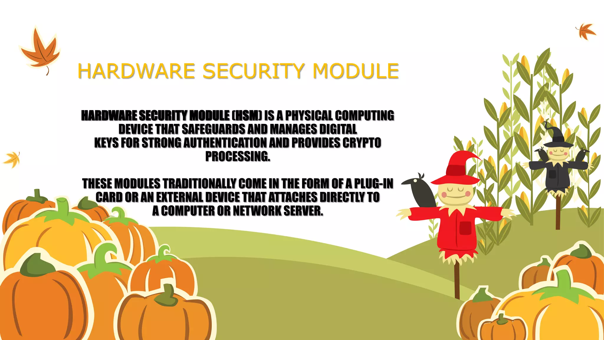 HARDWARE SECURITY MODULE
HARDWARE SECURITY MODULE (HSM) IS A PHYSICAL COMPUTING
DEVICE THAT SAFEGUARDS AND MANAGES DIGITAL
KEYS FOR STRONG AUTHENTICATION AND PROVIDES CRYPTO
PROCESSING.
THESE MODULES TRADITIONALLY COME IN THE FORM OF A PLUG-IN
CARD OR AN EXTERNAL DEVICE THAT ATTACHES DIRECTLY TO
A COMPUTER OR NETWORK SERVER.
 