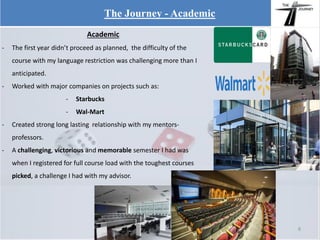 Academic
- The first year didn’t proceed as planned, the difficulty of the
course with my language restriction was challenging more than I
anticipated.
- Worked with major companies on projects such as:
- Starbucks
- Wal-Mart
- Created strong long lasting relationship with my mentors-
professors.
- A challenging, victorious and memorable semester I had was
when I registered for full course load with the toughest courses
picked, a challenge I had with my advisor.
The Journey - Academic
8
 