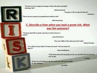 “You got to risk it to get the biscuit”
-Unknown
C. Describe a time when you took a great risk. What
was the outcome?
“If you are not willing to risk the usual, you will have to settle
for the ordinary”
- Jim Rohn
“There can be no great accomplishment without risk!”
- Neil Armstrong
“Only those who will risk going too far, can possibly find out how far
one can go”
- T.S Eliot
“To know what life is worth, you have to risk it once in a
while!”
- Jean-Paul Sartre
“It is a Risk to love, What if it does not work? AH, but what if it
does?!!”
- Peter McWilliams
“You miss 100% of the shots you don’t take”
- Wayne Gretzky
“He who is not courageous enough to take risks will accomplish
nothing in life”
- Muhammad Ali
1
 