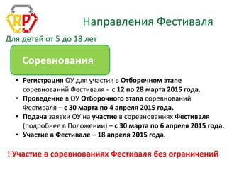 Направления Фестиваля
Соревнования
Для детей от 5 до 18 лет
• Регистрация ОУ для участия в Отборочном этапе
соревнований Фестиваля - с 12 по 28 марта 2015 года.
• Проведение в ОУ Отборочного этапа соревнований
Фестиваля – с 30 марта по 4 апреля 2015 года.
• Подача заявки ОУ на участие в соревнованиях Фестиваля
(подробнее в Положении) – с 30 марта по 6 апреля 2015 года.
• Участие в Фестивале – 18 апреля 2015 года.
! Участие в соревнованиях Фестиваля без ограничений
 