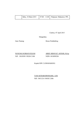 Rabu, 18 Maret 2015 07.00 – 11.00 Pelepasan Mahasiswa PPL
Cirebon, 07 April 2015
Mengetahui,
Guru Pamong Dosen Pembimbing
NUNUNG NURHAYATI,S.Pd ARIEF HIDAYAT AFENDI, M.Ag
NIP. 19630509 198204 2 004 NIDN. 0410098304
Kepala SDN 2 LEMAHABANG
YANI SETIABUDININGSIH, S.Pd
NIP. 19631214 198305 2 006
 