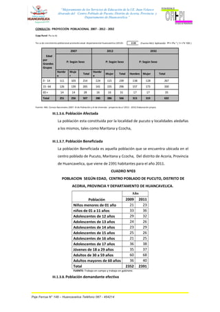 “Mejoramiento de los Servicios de Educación de la I.E. Juan Velasco
Alvarado del Centro Poblado de Pucuto, Distrito de Acoria, Provincia y
Departamento de Huancavelica.”
CONSULTA: PROYECCIÓN POBLACIONAL 2007 - 2012 - 2032
Ccpp Rural: Pu cu to
Ta s a de crecimiento poblacional promedio anual departamental Huancavelica (2010): 2.33 (Fuente INEI) Aplicando: Pf = Po * ( 1+ r*t/ 100 )
2007 2012 2032
Edad
por
Grandes
Grupos
P: Según Sexo P: Según Sexo P: Según Sexo
Hombr
e
Muje
r
Total
Hombr
e
Mujer Total Hombre Mujer Total
0 - 14 111 103 214 124 115 239 138 128 267
15-64 126 139 265 141 155 296 157 173 330
65+ 14 14 28 16 16 31 17 17 35
Total 251 256 507 280 286 566 313 319 632
Fuente: INEI. Censos Nacionales 2007: XI de Población y VI de Vivienda - proyecta da a l 2012 - 2032 Elaboración propia
III.1.3.6. Población Afectada
La población esta constituida por la localidad de pucuto y localidades aledañas
a los mismos, tales como Maritana y Ccocha,
III.1.3.7. Población Beneficiada
La población Beneficiada es aquella población que se encuentra ubicada en el
centro poblado de Pucuto, Maritana y Ccocha, Del distrito de Acoria, Provincia
de Huancavelica, que viene de 2391 habitantes para el año 2011.
CUADRO Nº03
POBLACION SEGÚN EDAD, CENTRO POBLADO DE PUCUTO, DISTRITO DE
ACORIA, PROVINCIA Y DEPARTAMENTO DE HUANCAVELICA.
Población
Año
2009 2011
Niños menores de 01 año 21 23
niños de 01 a 11 años 33 36
Adolescentes de 12 años 29 32
Adolescentes de 13 años 24 26
Adolescentes de 14 años 23 29
Adolescentes de 15 años 25 26
Adolescentes de 16 años 21 25
Adolescentes de 17 años 36 38
Jóvenes de 18 a 29 años 35 37
Adultos de 30 a 59 años 60 68
Adultos mayores de 60 años 36 40
Total 2352 2391
FUENTE: Trabajo en campo y trabajo en gabinete.
III.1.3.8. Población demandante efectiva
Psje Ferrua N° 148 – Huancavelica Teléfono 067 - 454214
 