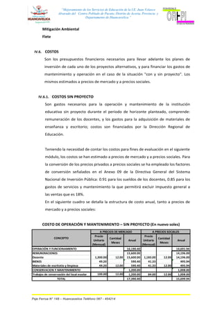“Mejoramiento de los Servicios de Educación de la I.E. Juan Velasco
Alvarado del Centro Poblado de Pucuto, Distrito de Acoria, Provincia y
Departamento de Huancavelica.”
Mitigación Ambiental
Flete
IV.6. COSTOS
Son los presupuestos financieros necesarios para llevar adelante los planes de
inversión de cada uno de los proyectos alternativos, y para financiar los gastos de
mantenimiento y operación en el caso de la situación "con y sin proyecto". Los
mismos estimados a precios de mercado y a precios sociales.
IV.6.1. COSTOS SIN PROYECTO
Son gastos necesarios para la operación y mantenimiento de la institución
educativa sin proyecto durante el periodo de horizonte planteado, comprende:
remuneración de los docentes, y los gastos para la adquisición de materiales de
enseñanza y escritorio; costos son financiados por la Dirección Regional de
Educación.
Teniendo la necesidad de contar los costos para fines de evaluación en el siguiente
módulo, los costos se han estimado a precios de mercado y a precios sociales. Para
la conversión de los precios privados a precios sociales se ha empleado los factores
de conversión señalados en el Anexo 09 de la Directiva General del Sistema
Nacional de Inversión Pública: 0.91 para los sueldos de los docentes, 0.85 para los
gastos de servicios y mantenimiento la que permitirá excluir impuesto general a
las ventas que es 18%.
En el siguiente cuadro se detalla la estructura de costo anual, tanto a precios de
mercado y a precios sociales:
COSTO DE OPERACIÓN Y MANTENIMIENTO – SIN PROYECTO (En nuevo soles)
Precio
Unitario
(Mensual)
Cantidad
Meses
Anual
Precio
Unitario
(Mensual)
Cantidad
Meses
Anual
OPERACIÓN Y FUNCIONAMIENTO 16,190.40 14,691.94
REMUNERACIONES 15,600.00 14,196.00
Docente 1,300.00 12.00 15,600.00 1,183.00 12.00 14,196.00
BIENES 49.20 590.40 41.33 495.94
Materiales de escritotio y limpieza 49.20 12.00 590.40 41.33 12.00 495.94
CONSERVACION Y MANTENIMIENTO 1,200.00 1,008.00
Trabajos de conservación del local escolar 100.00 12.00 1,200.00 84.00 12.00 1,008.00
TOTAL 17,390.40 15,699.94
CONCEPTO
A PRECIOS DE MERCADO A PRECIOS SOCIALES
Psje Ferrua N° 148 – Huancavelica Teléfono 067 - 454214
 