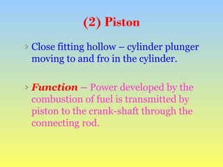 (2) Piston
› Close fitting hollow – cylinder plunger
moving to and fro in the cylinder.
› Function – Power developed by the
combustion of fuel is transmitted by
piston to the crank-shaft through the
connecting rod.
 