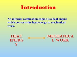 Introduction
• An internal combustion engine is a heat engine
which converts the heat energy to mechanical
work.
Heat
energ
y
MecHanica
l work
 