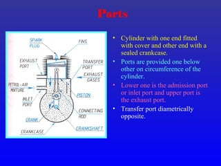 Parts
• Cylinder with one end fitted
with cover and other end with a
sealed crankcase.
• Ports are provided one below
other on circumference of the
cylinder.
• Lower one is the admission port
or inlet port and upper port is
the exhaust port.
• Transfer port diametrically
opposite.
 