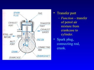 • Transfer port
– Function – transfer
of petrol air
mixture from
crankcase to
cylinder.
• Spark plug,
connecting rod,
crank.
 