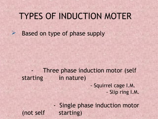 TYPES OF INDUCTION MOTER
 Based on type of phase supply
- Three phase induction motor (self
starting in nature)
- Squirrel cage I.M.
- Slip ring I.M.
- Single phase induction motor
(not self starting)
 