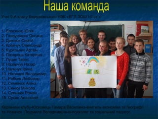 Учні 9-А класу Березнівського НВК «ЕГЛ-ЗОШ І-ІІ ст.»
1. Власенко Юлія
2. Гаврушенко Оксана
3. Дежнюк Сергій
4. Кравчук Олександр
5. Курильчик Артем
6. Лазарець Катерина
7. Луцик Тарас
8. Назарчук Назар
9. Наумчук Ірина
10. Ніколаєв Володимир
11. Рябков Любомир
12. Семенюк Аліна
13. Сенюк Микола
14. Сульжик Роман
15. Сухан Анастасія
Керівники клубу-Юсковець Тамара Василівна-вчитель економіки та географії
та Новачок Людмила Володимирівна-психолог та соціальний педагог.
 