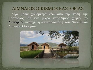 Λίγα μόλις χιλιόμετρα έξω από την πόλη της
Καστοριάς, σε ένα μικρό παραλίμνιο χωριό, το
Δισπηλιό, υπάρχει η αναπαράσταση του Νεολιθικού
Λιμναίου Οικισμού.
 