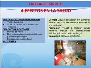4.EFECTOS EN LA SALUD
FATIGA VISUAL: DESLUMBRAMIENTO
 Visión defectuosa
 Dolor de cabeza, aturdimiento, etc.
 Nistagmo
DISCONFORT: CONTRASTE
 Pérdida de visión
 Reducción en la definición de la imagen
y malestar psicológica.
 Sensación de incomodidad
ACCIDENTES.
I.RECONOCIMIENTO
Confort visual: sensación de bienestar
y de un modo indirecto elevar su nivel de
productividad.
Prestación visual : realizar tareas
visuales, incluso en circunstancias
difíciles y durante periodos largos.
Seguridad: Reducir accidentes
 