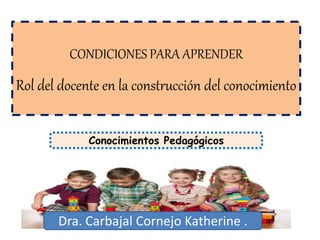 CONDICIONES PARA APRENDER
Rol del docente en la construcción del conocimiento
Conocimientos Pedagógicos
Dra. Carbajal Cornejo Katherine .
 