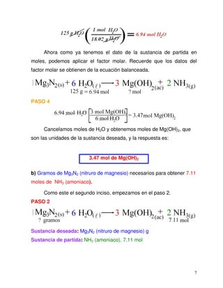 7
Ahora como ya tenemos el dato de la sustancia de partida en
moles, podemos aplicar el factor molar. Recuerde que los datos del
factor molar se obtienen de la ecuación balanceada.
PASO 4
Cancelamos moles de H2O y obtenemos moles de Mg(OH)2, que
son las unidades de la sustancia deseada, y la respuesta es:
b) Gramos de Mg3N2 (nitruro de magnesio) necesarios para obtener 7.11
moles de NH3 (amoniaco).
Como este el segundo inciso, empezamos en el paso 2.
PASO 2
Sustancia deseada: Mg3N2 (nitruro de magnesio) g
Sustancia de partida: NH3 (amoniaco). 7.11 mol
3.47 mol de Mg(OH)2
 