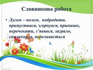 FokinaLida.75@mail.ru
Словникова робота
• Лугом – полем, побродити,
припустився, згорнувся, принишк,
перечекати, з’явився, заграло,
спалахнула, переливається
 