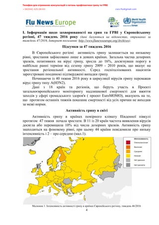 Телефон для отримання консультацій з питань профілактики грипу та ГРВІ<,,,,,,,,,,,,,,,,,,,,,,,,,,,,,,,,,,,,,,,,,,,,,,,,,,,,,,,,,,,,,,,,,,,
-?:*<@@+,@>A/<:/:?,,,,,,,,,,,,,,,,,,,,,,,,,,,,,,,,,,,,,,,,,,,,,,,,,,,,,,,,,,,,,,,,,,,,,,,,,,,,,,,,,,,,,,,,,,,,,,,,,,,,,,,,,,,,,,,,euqu0rnwBsocun0eqo,,,
,,,,,,,,,,,,,,,,,,,,,,,,,,,,,,,,,,,,,,,,,,,,,,,,,,,,
4
І. Інформація щодо захворюваності на грип та ГРВІ у Європейському
регіоні, 47 тиждень 2016 року (дані базуються на відомостях., отриманих за,
тиждень,@9;><=8.,Інтернет посилання<,!--z<;;0000%.x0,.|yz0y| ;M|!/,+.
Підсумки за 47 тиждень 2016
В Європейського регіоні активність грипу залишається на низькому
рівні, зростання зафіксовано лише в деяких країнах. Загальна частка дозорних
зразків, позитивних на вірус грипу, зросла до 16%, досягнувши порогу в
найбільш ранні терміни від сезону грипу 2009 - 2010 років, що вказує на
зростання регіональної активності. Серед госпіталізованих пацієнтів
зареєстровані поодинокі підтверджені випадки грипу.
Починаючи із 40 тижня 2016 року в циркуляції вірусів грипу переважав
вірус грипу типу A(H3N2).
Дані з 18 країн та регіонів, що беруть участь в Проекті
загальноєвропейського моніторингу надлишкової смертності для вжиття
заходів у сфері громадського здоров'я ( проект EuroMOMO), вказують на те,
що протягом останніх тижнів показник смертності від усіх причин не виходив
за межі норми.
Активність грипу в світі
Активність грипу в країнах помірного клімату Південної півкулі
протягом 47 тижня почала зростати. В 11 із 20 країн частота виявлення вірусів
досягла або перевищила 10% від числа дозорних зразків. Активність грипу
знаходиться на фоновому рівні, при цьому 44 країни повідомили про низьку
інтенсивність і 2 – про середню (мал.1).
Малюнок 1. Інтенсивність активності грипу в країнах Європейського регіону, тиждень 46/2016
 