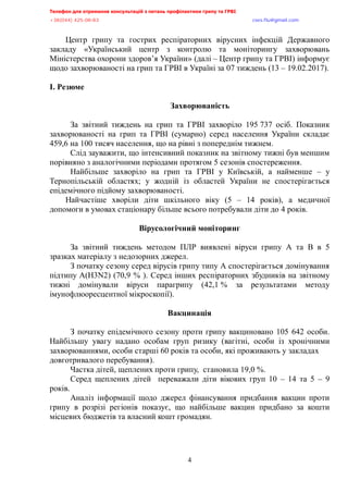 Телефон для отримання консультацій з питань профілактики грипу та ГРВІ<,,,,,,,,,,,,,,,,,,,,,,,,,,,,,,,,,,,,,,,,,,,,,,,,,,,,,,,,,,,,,,,,,,,
-?:*<@@+,@>A/<:/:?,,,,,,,,,,,,,,,,,,,,,,,,,,,,,,,,,,,,,,,,,,,,,,,,,,,,,,,,,,,,,,,,,,,,,,,,,,,,,,,,,,,,,,,,,,,,,,,,,,,,,,,,,,,,,,,,euqu0rnwBsocun0eqo,
4
Центр грипу та гострих респіраторних вірусних інфекцій Державного
закладу «Український центр з контролю та моніторингу захворювань
Міністерства охорони здоров’я України» (далі – Центр грипу та ГРВІ) інформує
щодо захворюваності на грип та ГРВІ в Україні за 07 тиждень (13 – 19.02.2017).
І. Резюме
Захворюваність
За звітний тиждень на грип та ГРВІ захворіло 195 737 осіб. Показник
захворюваності на грип та ГРВІ (сумарно) серед населення України складає
459,6 на 100 тисяч населення, що на рівні з попереднім тижнем.
Слід зауважити, що інтенсивний показник на звітному тижні був меншим
порівняно з аналогічними періодами протягом 5 сезонів спостереження.
Найбільше захворіло на грип та ГРВІ у Київській, а найменше – у
Тернопільській областях; у жодній із областей України не спостерігається
епідемічного підйому захворюваності.
Найчастіше хворіли діти шкільного віку (5 – 14 років), а медичної
допомоги в умовах стаціонару більше всього потребували діти до 4 років.
Вірусологічний моніторинг
За звітний тиждень методом ПЛР виявлені віруси грипу А та В в 5
зразках матеріалу з недозорних джерел.
З початку сезону серед вірусів грипу типу А спостерігається домінування
підтипу A(H3N2) (70,9 % ). Серед інших респіраторних збудників на звітному
тижні домінували віруси парагрипу (42,1 % за результатами методу
імунофлюоресцентної мікроскопії).
Вакцинація
З початку епідемічного сезону проти грипу вакциновано 105 642 особи.
Найбільшу увагу надано особам груп ризику (вагітні, особи із хронічними
захворюваннями, особи старші 60 років та особи, які проживають у закладах
довготривалого перебування).
Частка дітей, щеплених проти грипу, становила 19,0 %.
Серед щеплених дітей переважали діти вікових груп 10 – 14 та 5 – 9
років.
Аналіз інформації щодо джерел фінансування придбання вакцин проти
грипу в розрізі регіонів показує, що найбільше вакцин придбано за кошти
місцевих бюджетів та власний кошт громадян.
 
