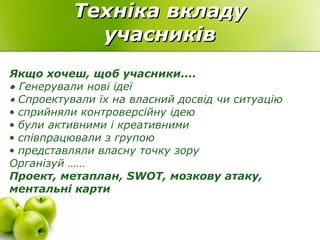 Техніка вкладуТехніка вкладу
учасниківучасників
Якщо хочеш, щоб учасники....
• Генерували нові ідеї
• Спроектували їх на власний досвід чи ситуацію
• сприйняли контроверсійну ідею
• були активними і креативними
• співпрацювали з групою
• представляли власну точку зору
Організуй ……
Проект, метаплан, SWOT, мозкову атаку,
ментальні карти
 