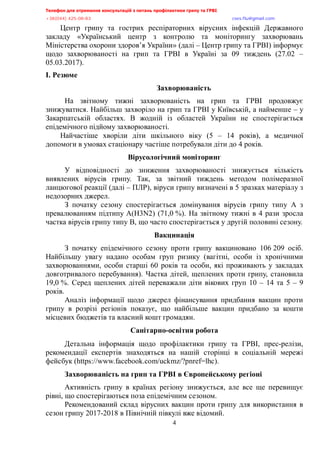 Телефон для отримання консультацій з питань профілактики грипу та ГРВІ<,,,,,,,,,,,,,,,,,,,,,,,,,,,,,,,,,,,,,,,,,,,,,,,,,,,,,,,,,,,,,,,,,,,
-?:*<@@+,@>A/<:/:?,,,,,,,,,,,,,,,,,,,,,,,,,,,,,,,,,,,,,,,,,,,,,,,,,,,,,,,,,,,,,,,,,,,,,,,,,,,,,,,,,,,,,,,,,,,,,,,,,,,,,,,,,,,,,,,,euqu0rnwBsocun0eqo,
4
Центр грипу та гострих респіраторних вірусних інфекцій Державного
закладу «Український центр з контролю та моніторингу захворювань
Міністерства охорони здоров’я України» (далі – Центр грипу та ГРВІ) інформує
щодо захворюваності на грип та ГРВІ в Україні за 09 тиждень (27.02 –
05.03.2017).
І. Резюме
Захворюваність
На звітному тижні захворюваність на грип та ГРВІ продовжує
знижуватися. Найбільш захворіло на грип та ГРВІ у Київській, а найменше – у
Закарпатській областях. В жодній із областей України не спостерігається
епідемічного підйому захворюваності.
Найчастіше хворіли діти шкільного віку (5 – 14 років), а медичної
допомоги в умовах стаціонару частіше потребували діти до 4 років.
Вірусологічний моніторинг
У відповідності до зниження захворюваності знижується кількість
виявлених вірусів грипу. Так, за звітний тиждень методом полімеразної
ланцюгової реакції (далі – ПЛР), віруси грипу визначені в 5 зразках матеріалу з
недозорних джерел.
З початку сезону спостерігається домінування вірусів грипу типу А з
превалюванням підтипу A(H3N2) (71,0 %). На звітному тижні в 4 рази зросла
частка вірусів грипу типу В, що часто спостерігається у другій половині сезону.
Вакцинація
З початку епідемічного сезону проти грипу вакциновано 106 209 осіб.
Найбільшу увагу надано особам груп ризику (вагітні, особи із хронічними
захворюваннями, особи старші 60 років та особи, які проживають у закладах
довготривалого перебування). Частка дітей, щеплених проти грипу, становила
19,0 %. Серед щеплених дітей переважали діти вікових груп 10 – 14 та 5 – 9
років.
Аналіз інформації щодо джерел фінансування придбання вакцин проти
грипу в розрізі регіонів показує, що найбільше вакцин придбано за кошти
місцевих бюджетів та власний кошт громадян.
Санітарно-освітня робота
Детальна інформація щодо профілактики грипу та ГРВІ, прес-релізи,
рекомендації експертів знаходяться на нашій сторінці в соціальній мережі
фейсбук (https://www.facebook.com/uckmz/?pnref=lhc).
Захворюваність на грип та ГРВІ в Європейському регіоні
Активність грипу в країнах регіону знижується, але все ще перевищує
рівні, що спостерігаються поза епідемічним сезоном.
Рекомендований склад вірусних вакцин проти грипу для використання в
сезон грипу 2017-2018 в Північній півкулі вже відомий.
 