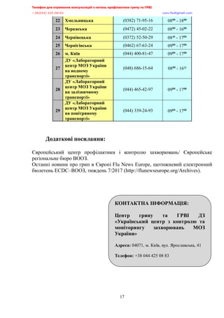 Телефон для отримання консультацій з питань профілактики грипу та ГРВІ<,,,,,,,,,,,,,,,,,,,,,,,,,,,,,,,,,,,,,,,,,,,,,,,,,,,,,,,,,,,,,,,,,,,
-?:*<@@+,@>A/<:/:?,,,,,,,,,,,,,,,,,,,,,,,,,,,,,,,,,,,,,,,,,,,,,,,,,,,,,,,,,,,,,,,,,,,,,,,,,,,,,,,,,,,,,,,,,,,,,,,,,,,,,,,,,,,,,,,,euqu0rnwBsocun0eqo,
17
22 Хмельницька (0382) 71-95-16 08⁰⁰ - 18⁰⁰
23 Черкаська (0472) 45-02-22 08⁰⁰ - 16⁰⁰
24 Чернівецька (0372) 52-50-29 08³⁰ - 17⁰⁰
25 Чернігівська (0462) 67-63-24 09⁰⁰ - 17⁰⁰
26 м. Київ (044) 400-81-47 09⁰⁰ - 17⁰⁰
27
ДУ «Лабораторний
центр МОЗ України
на водному
транспорті»
(048) 686-15-64 08⁰⁰ - 16¹²
28
ДУ «Лабораторний
центр МОЗ України
на залізничному
транспорті»
(044) 465-42-97 09⁰⁰ - 17⁰⁰
29
ДУ «Лабораторний
центр МОЗ України
на повітряному
транспорті»
(044) 339-24-93 09⁰⁰ - 17⁰⁰
Додаткові посилання:
Європейський центр профілактики і контролю захворювань/ Європейське
регіональне бюро ВООЗ.
Останні новини про грип в Європі Flu News Europe, щотижневий електронний
бюлетень ECDC–ВООЗ, тиждень 7/2017 (http://flunewseurope.org/Archives).
КОНТАКТНА ІНФОРМАЦІЯ:
Центр грипу та ГРВІ ДЗ
«Український центр з контролю та
моніторингу захворювань МОЗ
України»
Адреса: 04071, м. Київ, вул. Ярославська, 41
Телефон: +38 044 425 08 83
 