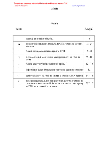 Телефон для отримання консультацій з питань профілактики грипу та ГРВІ<,,,,,,,,,,,,,,,,,,,,,,,,,,,,,,,,,,,,,,,,,,,,,,,,,,,,,,,,,,,,,,,,,,,
-?:*<@@+,@>A/<:/:?,,,,,,,,,,,,,,,,,,,,,,,,,,,,,,,,,,,,,,,,,,,,,,,,,,,,,,,,,,,,,,,,,,,,,,,,,,,,,,,,,,,,,,,,,,,,,,,,,,,,,,,,,,,,,,,,euqu0rnwBsocun0eqo,
3
Розділ
Зміст:
Назва
Аркуш
І Резюме за звітний тиждень 4
ІІ Епідемічна ситуація з грипу та ГРВІ в Україні за звітний
тиждень
5 – 12
1 Аналіз захворюваності на грип та ГРВІ 5 – 8
2 Вірусологічний моніторинг захворюваності на грип та
ГРВІ
9 – 11
3 Аналіз стану імунопрофілактики грипу 12 – 13
4 Інформація щодо проведення санітарно-освітньої роботи 13
5 Захворюваність на грип та ГРВІ в Європейському регіоні 14 – 15
ІІІ Телефони регіональних лабораторних центрів України по
отриманню консультацій із питань профілактики грипу
та ГРВІ та додаткові посилання
16 – 17
 
