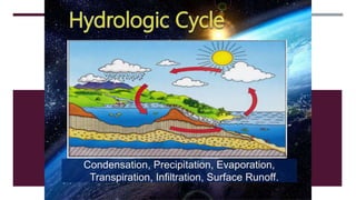 Condensation, Precipitation, Evaporation,
Transpiration, Infiltration, Surface Runoff.
 