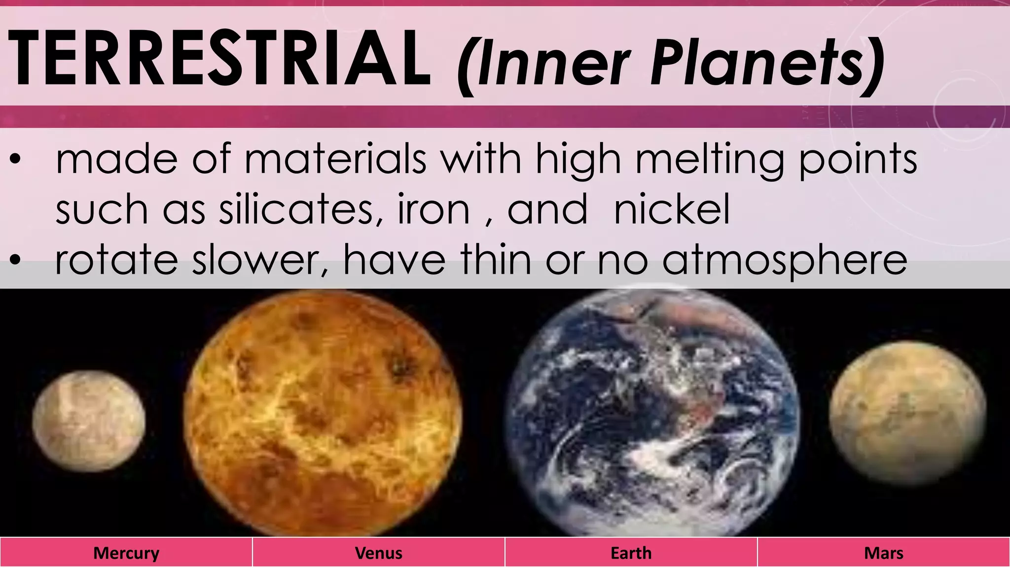 TERRESTRIAL (Inner Planets)
• made of materials with high melting points
such as silicates, iron , and nickel
• rotate slower, have thin or no atmosphere
Mercury Venus Earth Mars
 
