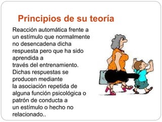 Principios de su teoría
Reacción automática frente a
un estímulo que normalmente
no desencadena dicha
respuesta pero que ha sido
aprendida a
través del entrenamiento.
Dichas respuestas se
producen mediante
la asociación repetida de
alguna función psicológica o
patrón de conducta a
un estímulo o hecho no
relacionado..
 