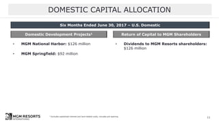 DOMESTIC CAPITAL ALLOCATION
Domestic Development Projects1 Return of Capital to MGM Shareholders
11
Six Months Ended June 30, 2017 – U.S. Domestic
• MGM National Harbor: $126 million
• MGM Springfield: $92 million
• Dividends to MGM Resorts shareholders:
$126 million
1 Excludes capitalized interest and land related costs, includes pre-opening
 