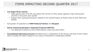 ITEMS IMPACTING SECOND QUARTER 2017
81 Refer to Appendix slide 18
• Las Vegas Strip resorts:
 Table games hold of 20.9% was below the normal 21-25% range1 against a high hold quarter
(25.6%) in the prior year quarter
 Greater than expected disruption related to the transformation at Monte Carlo to Park MGM and
NoMad
• Full quarter of operations at MGM National Harbor and Borgata
• Items impacting Borgata’s Adjusted Property EBITDA:
 Tax settlement benefit of which MGM Resorts’ share was $36 million
• Consolidated Operating Income benefited from a modification to NV Energy exit fees of $45 million,
which included $4 million related to our share of CityCenter’s modification benefit
 