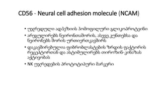 CD56 - Neural cell adhesion molecule (NCAM)
• უჯრედული ადჰეზიის ჰომოფილური გლიკოპროტეინი
• არეგულირებს ნეირონთაშორის, ასევე კუნთებსა და
ნეირონებს შორის ურთიერთკავშირს
• დაკავშირებულია ფიბრობლასტების ზრდის ფაქტორის
რეცეპტორთან და ასტიმულირებს თიროზინ-კინაზას
აქტივობას
• NK უჯრედების პროტოტიპური მარკერი
 